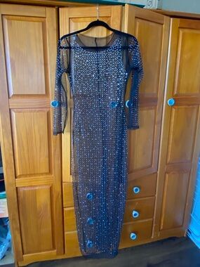 Black Sheer Long Sleeve Sequin Maxi Dress